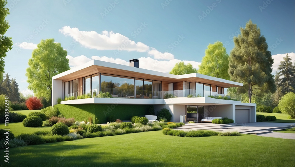 A Very Modern House with a Beautiful Garden in Front Showcasing Innovative Architecture A Very Modern House with a Beautiful Garden in Front Showcasing Innovative Architecture