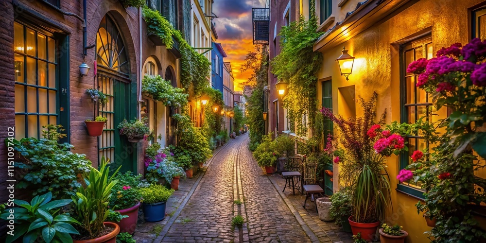 Fototapeta premium Colorful Alleyway, Hanging Plants, Low Light, AI Photo, Narrow Street