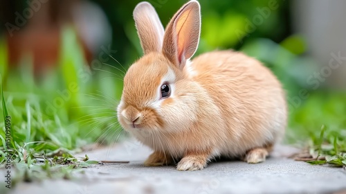 A cute, fluffy rabbit sits on a stone path surrounded by green grass, showcasing its adorable features, This image can be used for marketing, pet care, children's content, or nature-related projects, photo