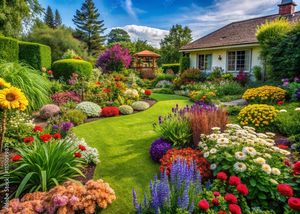 Fototapeta premium Colorful Garden Oasis: Serene Outdoor Space