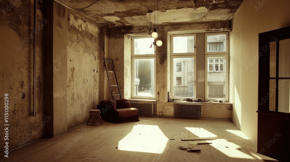 Fototapeta premium A worker installing modern lighting fixtures in a flat with unfinished walls and an old ceiling