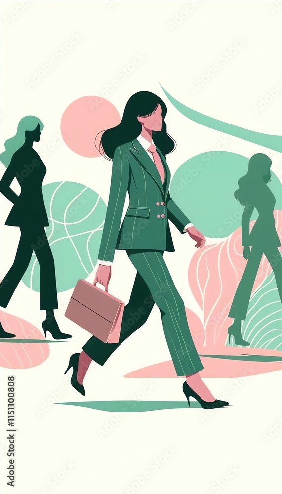 Flat illustration of a woman in a green three-piece suit and pink tie walking in large, simple gears with overlapping organic shapes in soft pastel colors Flat illustration of a woman in a green three-piece suit and pink tie walking in large, simple gears with overlapping organic shapes in soft pastel colors