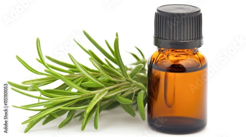 A close-up of a bottle of essential oil alongside fresh rosemary sprigs, perfect for wellness, aromatherapy, and natural product marketing, It's ideal for herbal shops, health blogs, and DIY projects photo