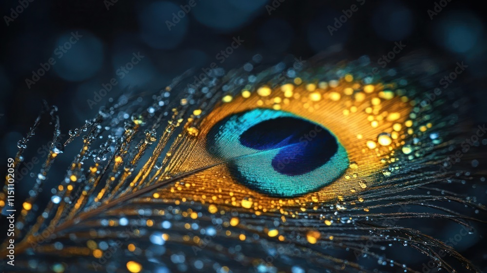 Obraz premium Close-up of a peacock feather with water droplets.
