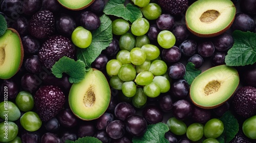 A vibrant arrangement of fresh green grapes, blackberries, and avocados surrounded by lush mint leaves, perfect for food blogs, health articles, and promotional materials for fresh produce, photo