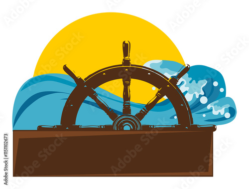 Vector sailing sign art of wooden steering wheel with water waves with sun