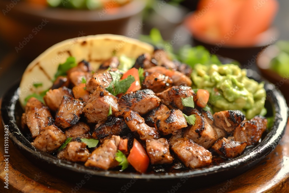 Sizzling Pork Carnitas Guacamole Tortillas Mexican Food Dish Sizzling Pork Carnitas Guacamole Tortillas Mexican Food Dish