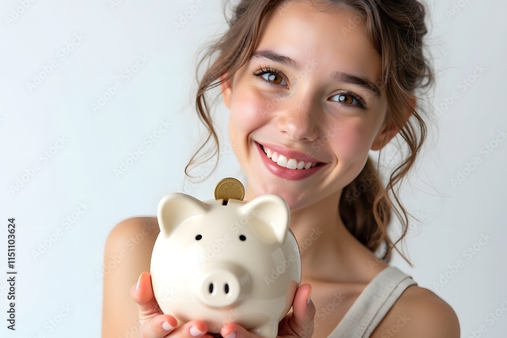 young woman holding piggy bank, isolated on plain white background young woman holding piggy bank, isolated on plain white background