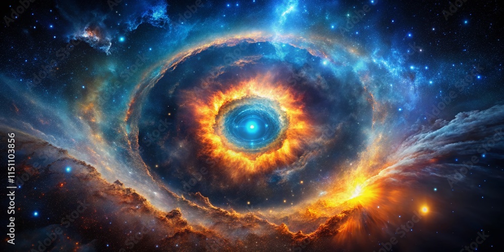 Cosmic Circular Nebula, Bright Lightnings, Dark Blue Cosmos, Panoramic Cosmic Circular Nebula, Bright Lightnings, Dark Blue Cosmos, Panoramic