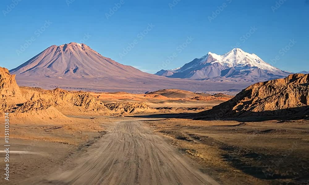 Desert road leads to majestic volcanoes under a clear blue sky. Desert road leads to majestic volcanoes under a clear blue sky.