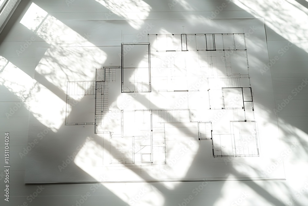 clean flat lay of sustainable housing blueprints on smooth matte surface with soft directional lighting clean flat lay of sustainable housing blueprints on smooth matte surface with soft directional lighting