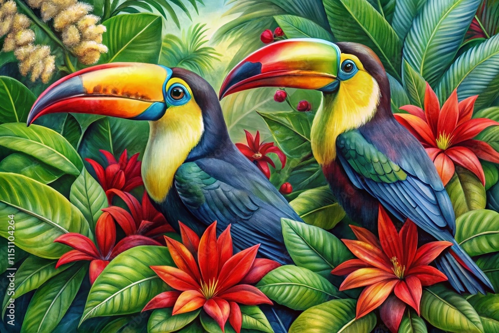 Fototapeta premium Costa Rican Toucans: Watercolor Forest Aerial View