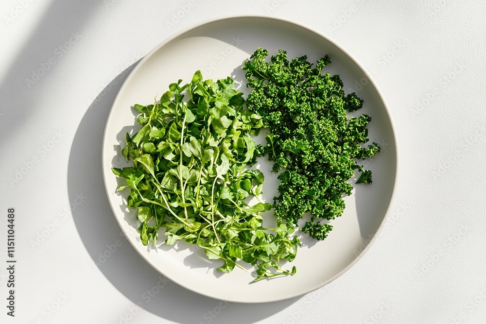 minimalist flat lay of chopped kale and microgreens arranged on matte white plate under soft directional light minimalist flat lay of chopped kale and microgreens arranged on matte white plate under soft directional light