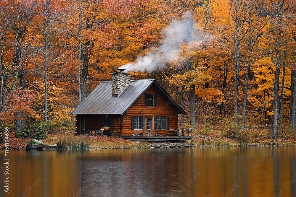 peaceful lakeside cabin surrounded by autumn-colored trees with smoke rising from chimney peaceful lakeside cabin surrounded by autumn-colored trees with smoke rising from chimney