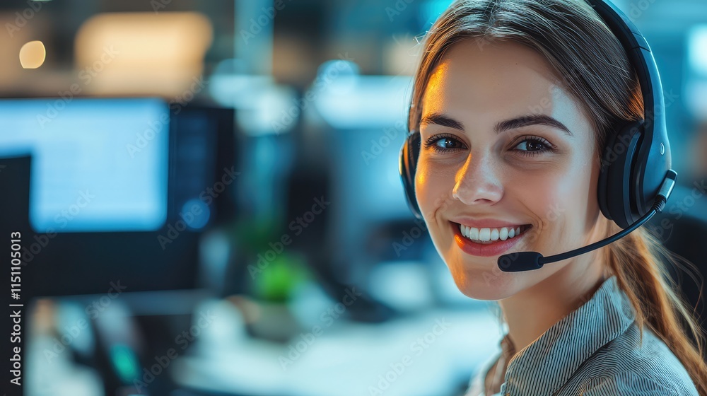 Smiling woman in headset working in a call center environment Smiling woman in headset working in a call center environment