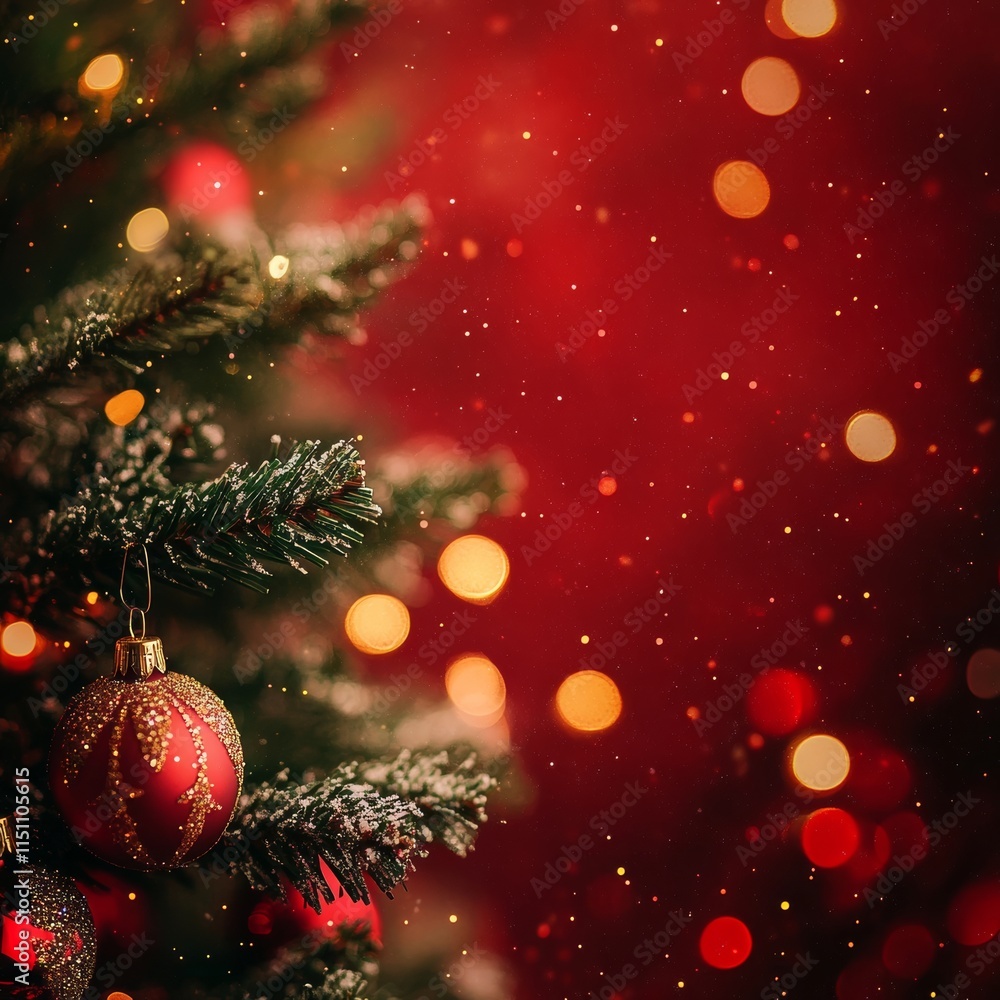 Christmas tree toys on blurred red background Christmas tree toys on blurred red background