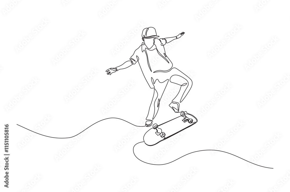 Man playing skateboard continuous one line drawing. Skateboard player single line art illustration. Editable vector. Man playing skateboard continuous one line drawing. Skateboard player single line art illustration. Editable vector.