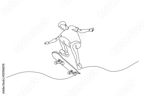 Man playing skateboard continuous one line drawing. Skateboard player single line art illustration. Editable vector.