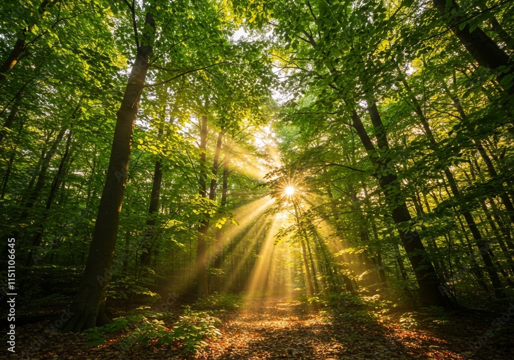 Obraz premium Sunlight rays illuminate the forest, creating a sense of tranquility and peace