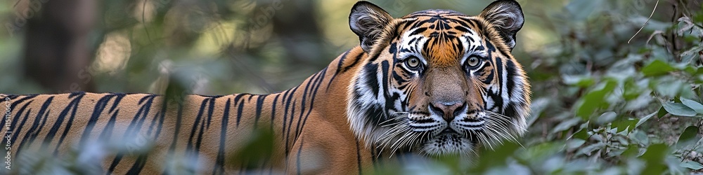 Obraz premium close-up of endangered bengal tiger in its natural habitat standing tall in forest with its striking fur visible surrounded