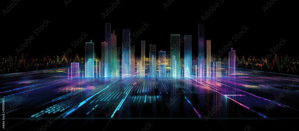 A glowing stock market bar graph with LED-style bars, futuristic design, black background, and holographic data labels, A glowing stock market bar graph with LED-style bars, futuristic design, black background, and holographic data labels,