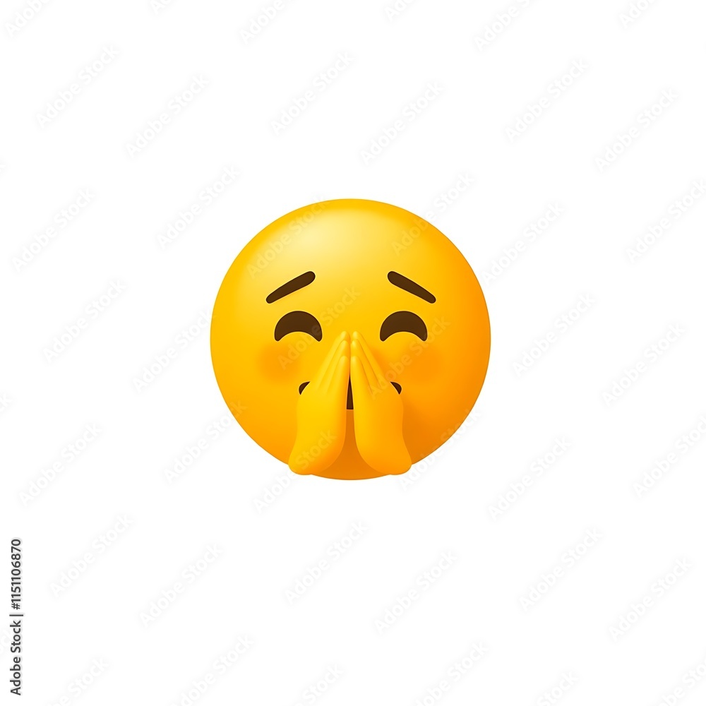 Fototapeta premium A yellow emoji with a smiling face, blushing cheeks, and hands pressed together in gratitude.