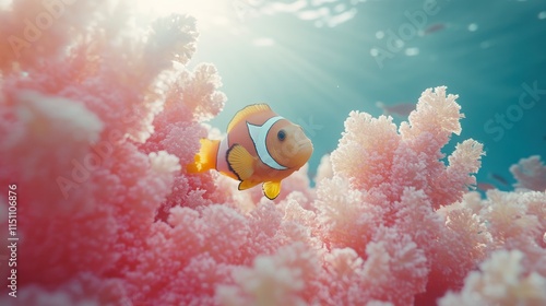 Clownfish swimming amidst vibrant pink coral reef under sunlit ocean water. photo