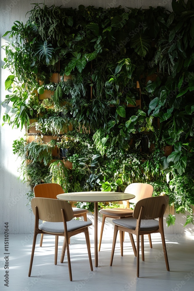 Obraz premium quiet meeting room with living wall of plants and sustainable furniture under diffused natural light