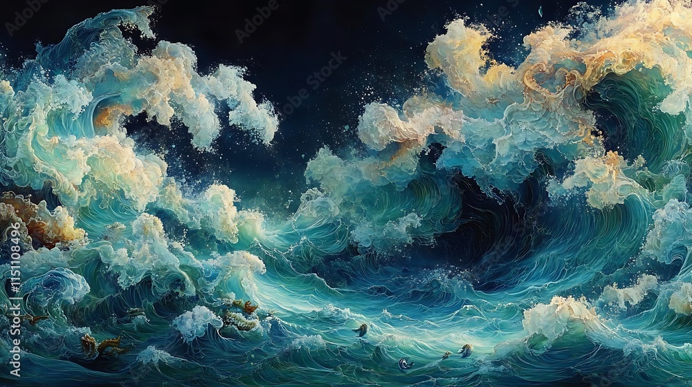 Abstract Ocean Waves Art Painting Teal Green White Abstract Ocean Waves Art Painting Teal Green White