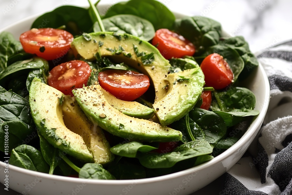 fresh and vibrant spinach salad with slices of avocado cherry tomatoes and light vinaigrette dressing placed in white fresh and vibrant spinach salad with slices of avocado cherry tomatoes and light vinaigrette dressing placed in white