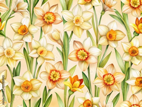 Wallpaper Mural Seamless Watercolor Narcissus Spring Flowers - Double Exposure Beige Background Design Torontodigital.ca