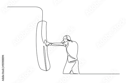 Man hitting the heavy bag continuous one line drawing. Boxer training with the punchbag single line art illustration. Editable vector.