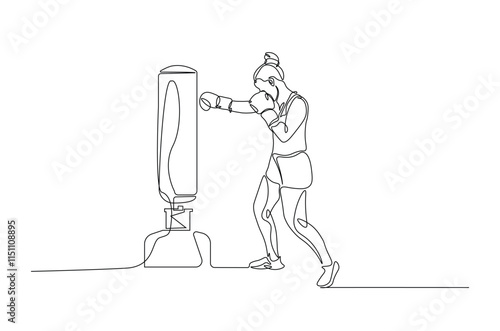 Woman hitting the heavy bag continuous one line drawing. Boxer training with the punchbag single line art illustration. Editable vector.