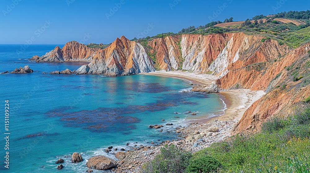 Obraz premium Colorful coastal cliffs and secluded beach.