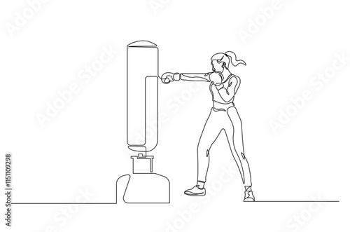 Woman hitting the heavy bag continuous one line drawing. Boxer training with the punchbag single line art illustration. Editable vector.