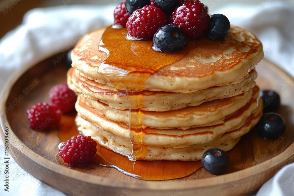stack of fluffy pancakes topped with syrup and fresh berries served on rustic wooden plate stack of fluffy pancakes topped with syrup and fresh berries served on rustic wooden plate