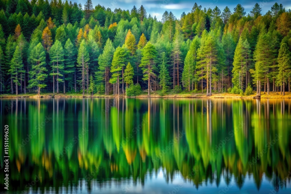 Obraz premium Serene Lake Reflection: Pine Trees