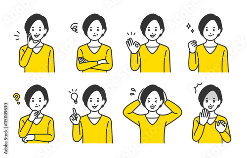 いろいろな表情やポーズをする中年女性のセット【人物ベクターイラスト素材】