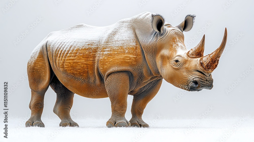 Fototapeta premium A majestic rhinoceros covered in snow stands against a white background.