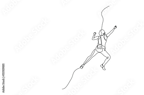 Person doing an extreme sport climbing a rocky mountain continuous one line drawing. climber lifestyle and rock climbing single line art illustration. Editable vector.