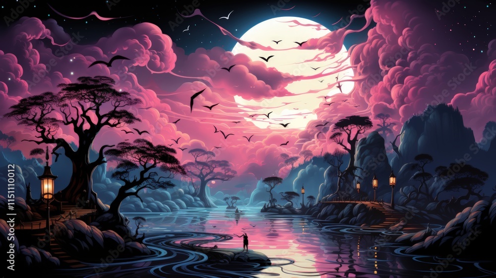 Fototapeta premium Pink clouds, moonlit lake, silhouetted trees, tranquil scene.
