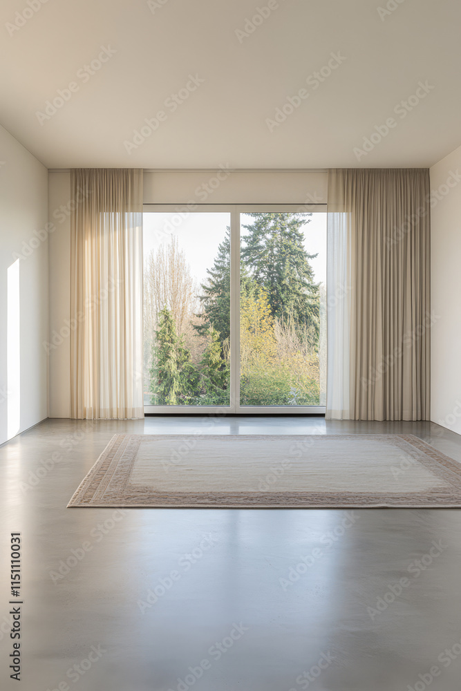 Fototapeta premium Modern minimalist room with large windows showcasing serene outdoor view during daylight