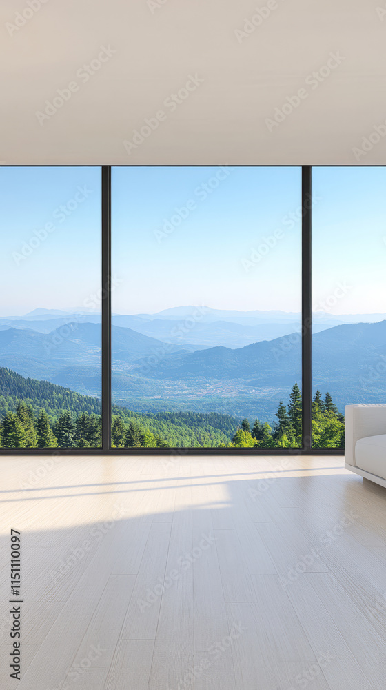Fototapeta premium Scenic mountain view through large windows in a modern interior space