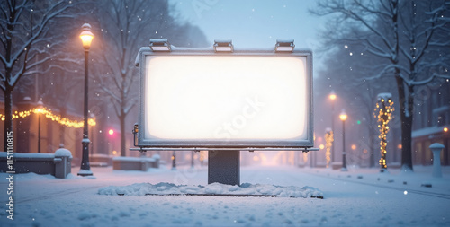 A blank billboard standing tall in the middle of a snow covered street during Christmas time