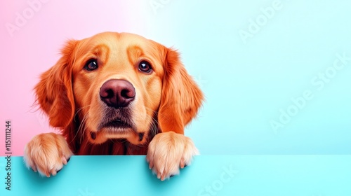 Golden Retriever Dog with Paws on a Turquoise Surface, Set Against a Vibrant Pink and Blue Gradient Background - Copy Space