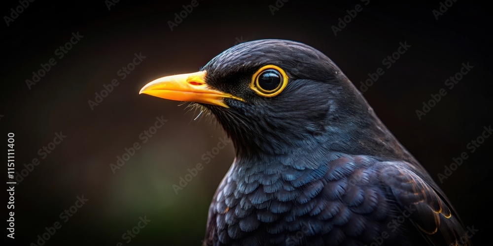 Fototapeta premium Closeup of blackbird sitting in dark shadows with intense gaze, blackbird, bird, wildlife, nature, animal