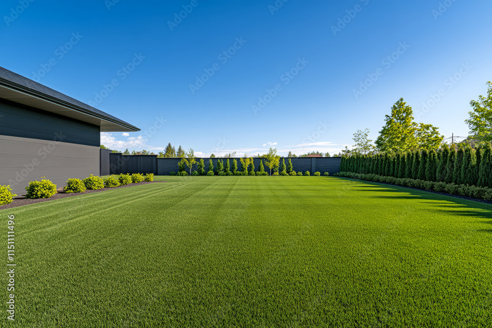 Fototapeta premium Vibrant green lawn with perfectly manicured grass and clear blue sky in a spacious backyard setting