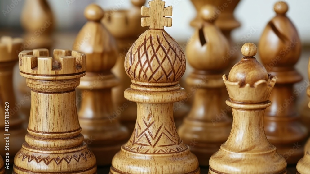 Elegant Wooden Chess Pieces Close-Up Elegant Wooden Chess Pieces Close-Up