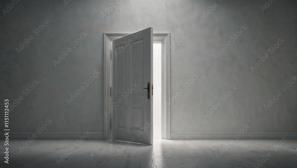 Open door in the middle of empty, white room, revealing nothing but void. Minimal abstract surreal concept. Path into unknown idea. Copy space. Open door in the middle of empty, white room, revealing nothing but void. Minimal abstract surreal concept. Path into unknown idea. Copy space.