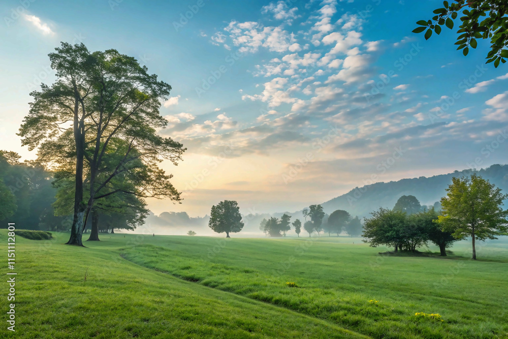 landscape with trees and sky, Beautiful landscape in park with tree and green grass field at morning, wallpaper landscape with trees and sky, Beautiful landscape in park with tree and green grass field at morning, wallpaper